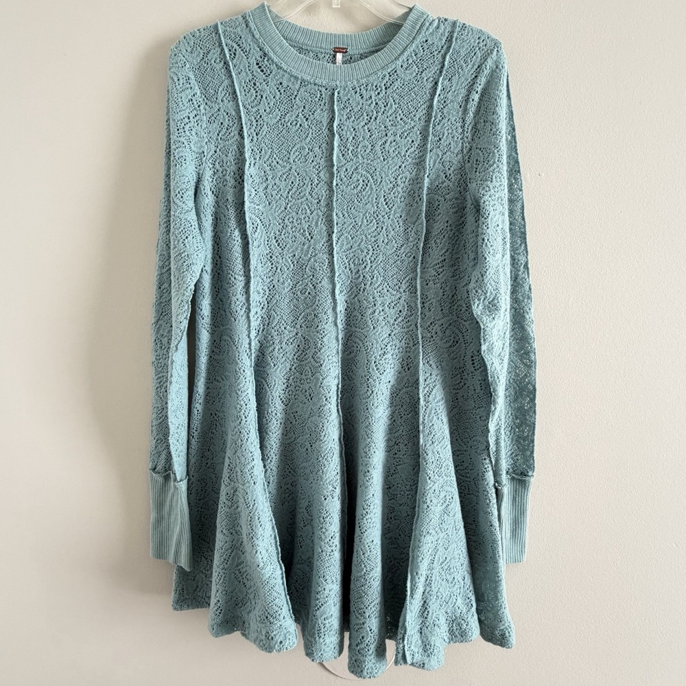 Free People Boho Tunic Mini Dress Green Lace Crochet Long Sleeve Size SMALL